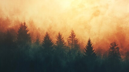 Fototapeta premium Silhouette of Evergreen Trees in a Misty Sunrise