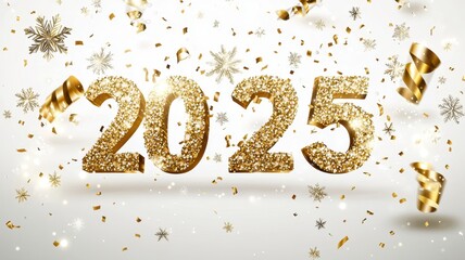 Happy 2025 on New Year background with fireworks,Celebration New Year's Eve,Golden fireworks on dark night sky,Design for posters, banners greeting cards,Template for media post,copy space.