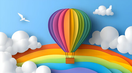 Rainbow Hot Air Balloon Flying Over Clouds.