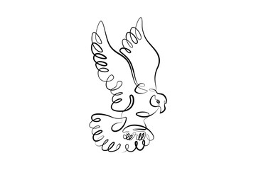 Naklejka premium A bird flying in the air during the flight. Spread bird wings. One continuous drawing line logo single hand drawn art doodle isolated minimal illustration. Thick bold line.