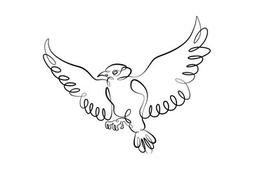 A bird flying in the air during the flight. Spread bird wings. One continuous drawing line  logo single hand drawn art doodle isolated minimal illustration. Thick bold line.