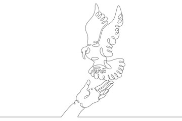 The bird sits on the human hand. Bird flying in the air. Open palm. One continuous drawing line  logo single hand drawn art doodle isolated minimal illustration.