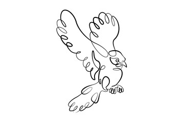 Fototapeta premium A bird flying in the air during the flight. Spread bird wings. One continuous drawing line logo single hand drawn art doodle isolated minimal illustration. Thick bold line.