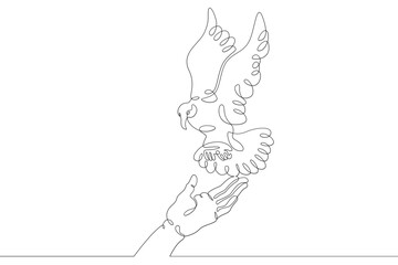 The bird sits on the human hand. Bird flying in the air. Open palm. One continuous drawing line  logo single hand drawn art doodle isolated minimal illustration.
