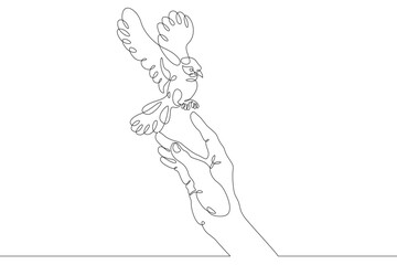 The bird sits on the human hand. Bird flying in the air. Open palm. One continuous drawing line  logo single hand drawn art doodle isolated minimal illustration.