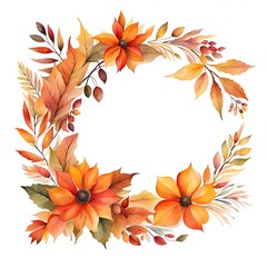 Hand drawn watercolor autumn floral wreath, border, frame on white background.