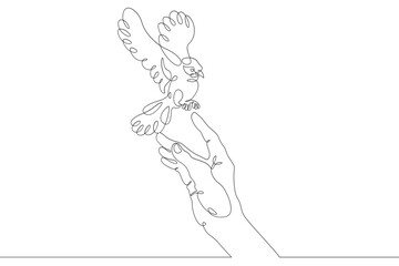 The bird sits on the human hand. Bird flying in the air. Open palm. One continuous drawing line  logo single hand drawn art doodle isolated minimal illustration.