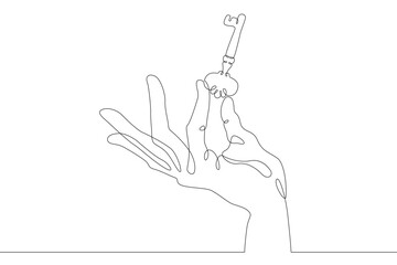 Obraz premium Hand brush palm holds a metal key from the lock with his fingers. One continuous drawing line logo single hand drawn art doodle isolated minimal illustration.