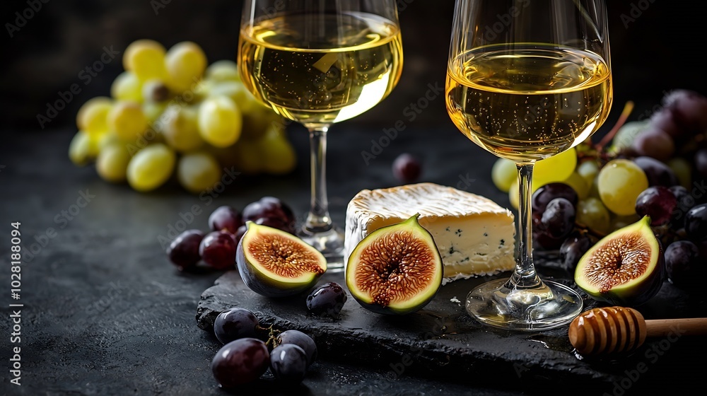 Poster grape cheese figs and honey with a glasses of red and white wine copy space : generative ai