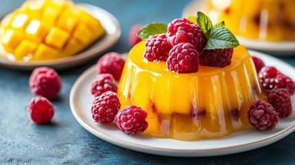 Mango pudding jelly dessert on white plate with fresh fruit Blue background Close up : Generative AI