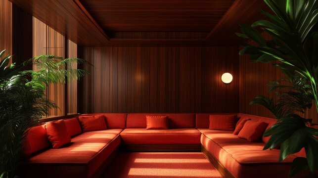 A classic 70s inspired lounge with a sunken conversation pit, featuring plush red seating, warm wood paneling, and lush greenery. The space evokes a sense of retro elegance, comfort, and intimacy.