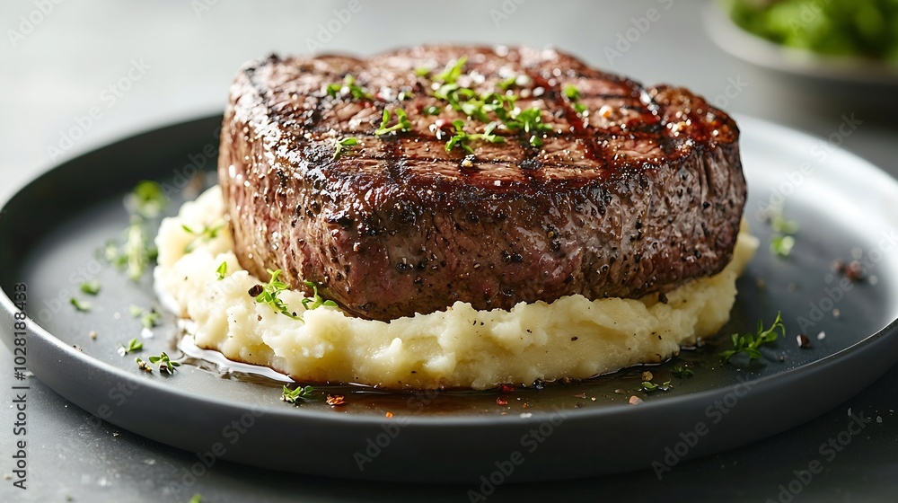 Poster beefsteak with mashed potato on a plate grey background close up : generative ai