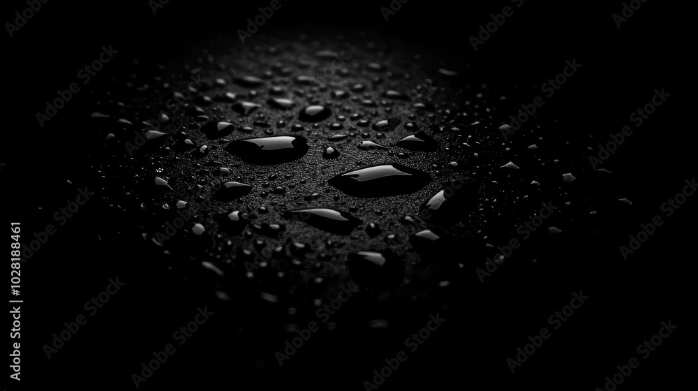 Poster a close-up image of water droplets on a dark, smooth surface, creating a minimalist and abstract com