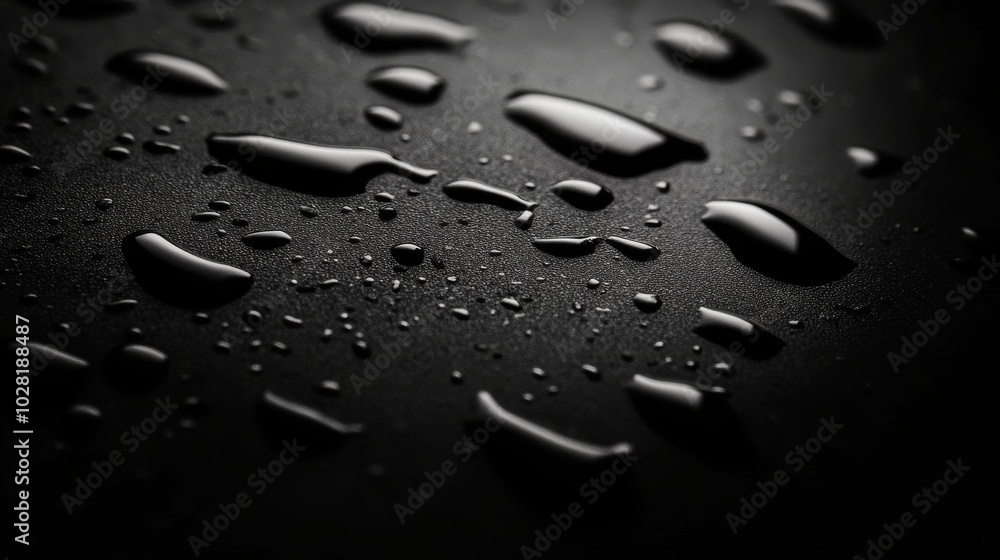 Poster a close-up photograph of water droplets on a black surface. the droplets are round and reflect the l