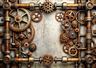 Vertical Steampunk Aesthetic with Rusty Pipes and Gears on White Background for Urban Exploration Photography