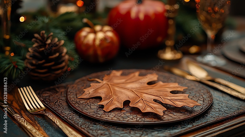 Poster Placemat oak leaf design Autumn fall thanksgiving halloween table setting Top view Copy space : Generative AI