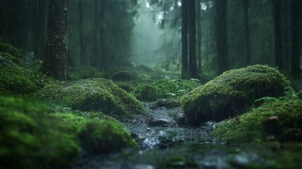 Obraz premium A Lush, Moss-Covered Forest Floor Bathed in Rain