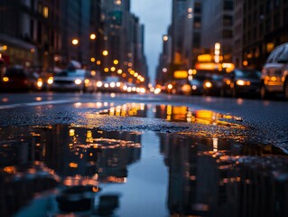 A blurred city street at night reflecting warm glowing lights on wet pavement, capturing the energy and movement of an urban scene.