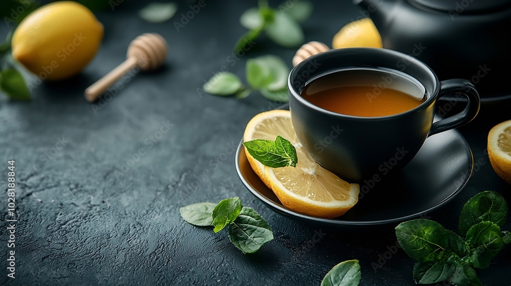 Poster ginger lemon honey tea in black cups tea pot with fresh slices roots dark background top view : gene