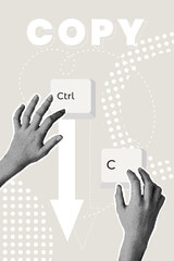 Fashionable halftone collage. CTRL C. Make a copy, copy. Keyboard, computer, keyboard shortcut, keyboard shortcut, laptop, input device, hotkeys.