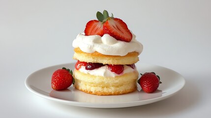 A delightful strawberry shortcake with layers of fluffy whipped cream, juicy strawberries, and a light and airy cake base, perfect for a sweet treat.