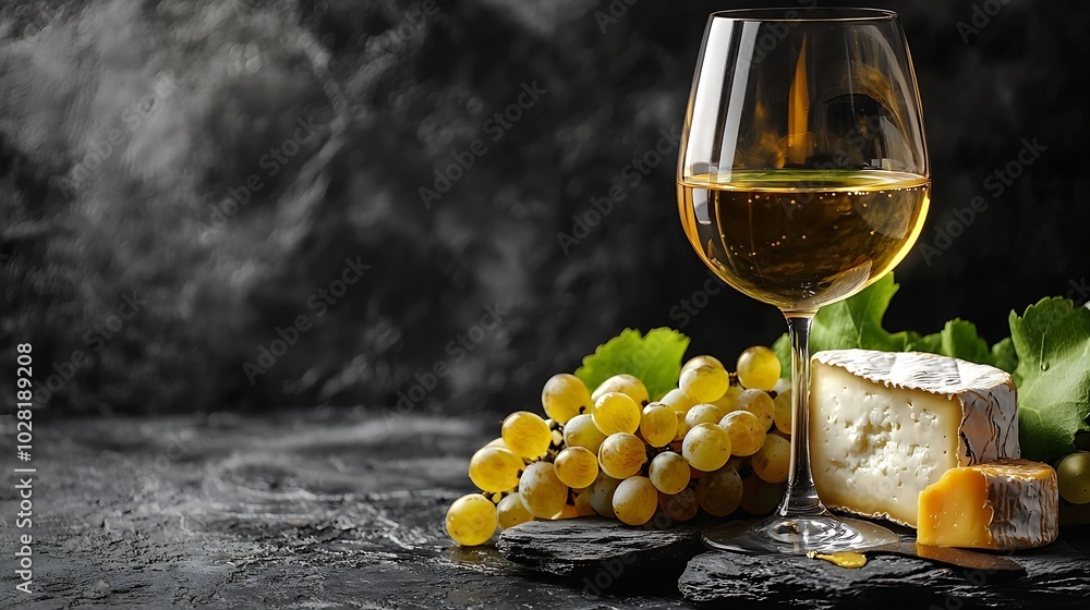 Poster Glass of white wine and assorted cheese with grape on a stone and slate background : Generative AI