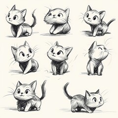 Fototapeta premium A collection of small, simple sketches of cats in various playful poses.
