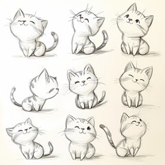 A collection of small, simple sketches of cats in various playful poses.