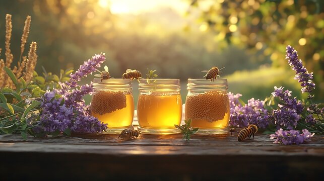 Honey variety with bees comb in a glass jars with flowers and fresh herbs : Generative AI