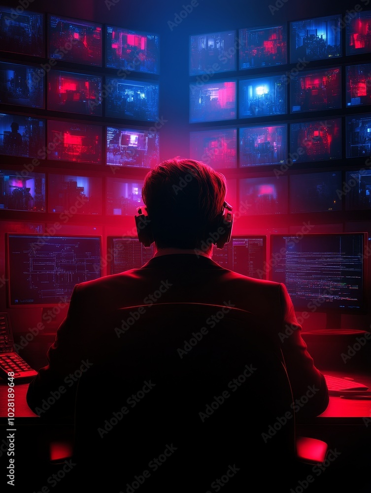 Poster a focused security officer is overseeing a high-tech security system, monitoring multiple screens di