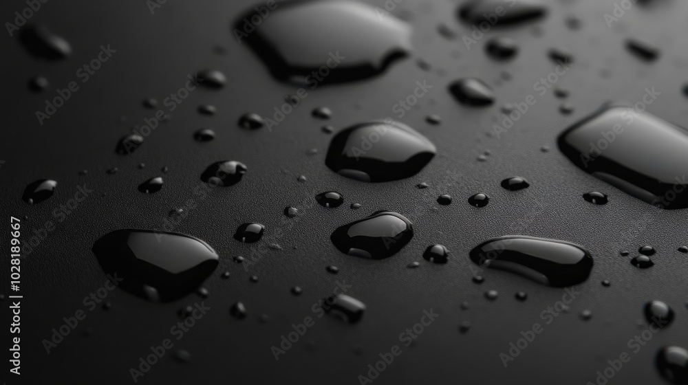 Poster a high-resolution photograph of water droplets on a black surface, creating an abstract pattern of l