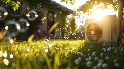A sunny lawn with a heat pump in the center and some bubbles with an air conditions, Generative AI illustrations. 