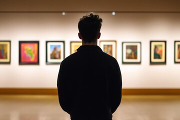 A lone visitor stands in an art gallery, captivated by the framed portraits on display, reflecting on the stories and emotions captured within each piece.  The gallery is a haven for artistic expressi
