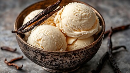 Vanilla Ice Cream with vanilla pods in metal vintage bowl Homemade Organic product Grey background Copy space : Generative AI