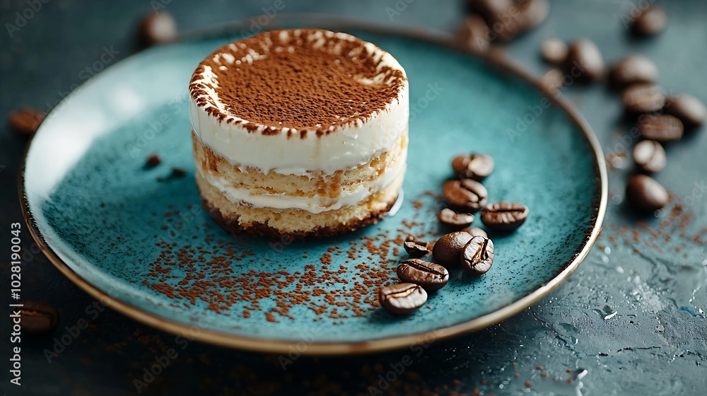 Poster tiramisu dessert with cup of coffee dark background close up top view : generative ai