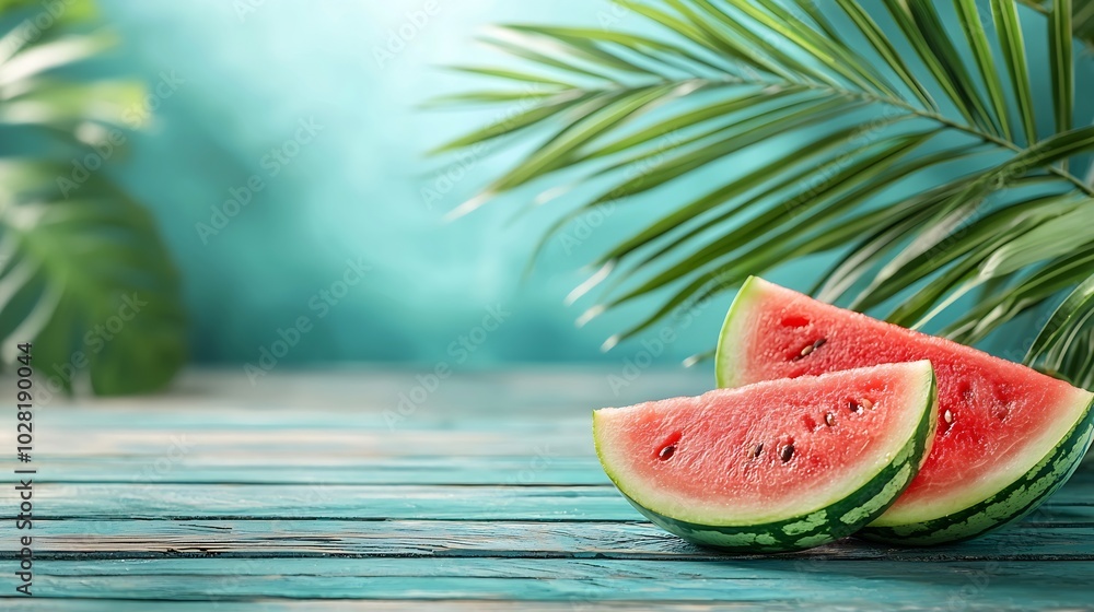 Aufkleber watermelon cut on colorful wooden background with palm leaf top view : generative ai