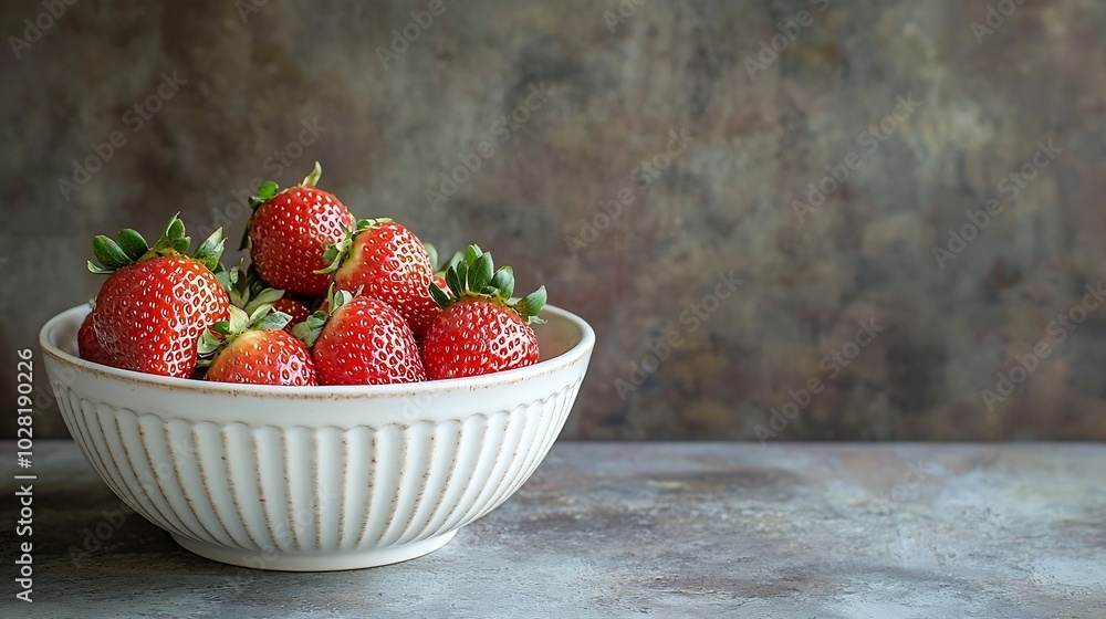Poster Fresh berries strawberry in a white ceramic bowl on a rustic background Close up : Generative AI