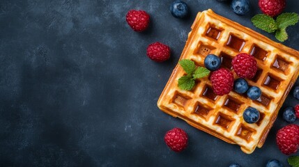 Delicious waffle topped with fresh raspberries and blueberries on dark surface.