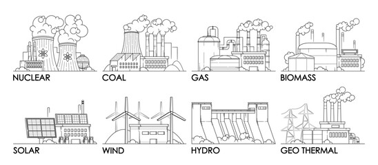Black And White Illustrations of Electricity Generation Types Including Nuclear, Coal, Gas, Biomass, Solar, Wind, Hydro