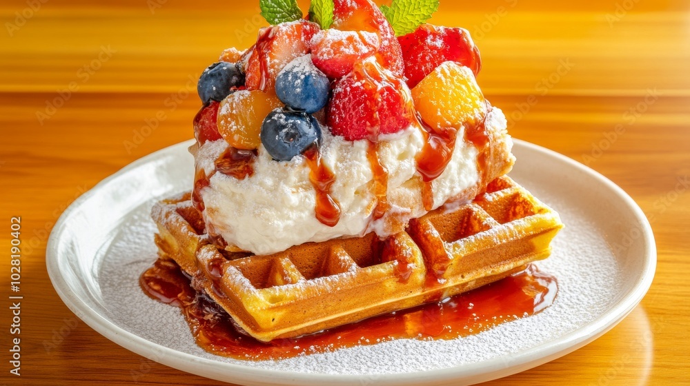 Wall mural delicious waffles topped with whipped cream and fresh fruit on a plate.