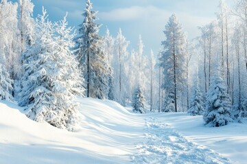Fototapeta premium Winter season background with pine trees and white snow