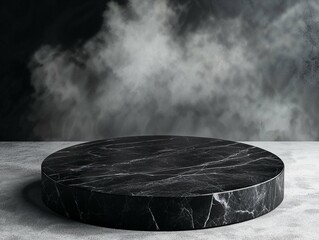 A round black marble pedestal with a smoky mist effect rising behind it, set against a dark, moody background, creating a luxurious and dramatic display concept.