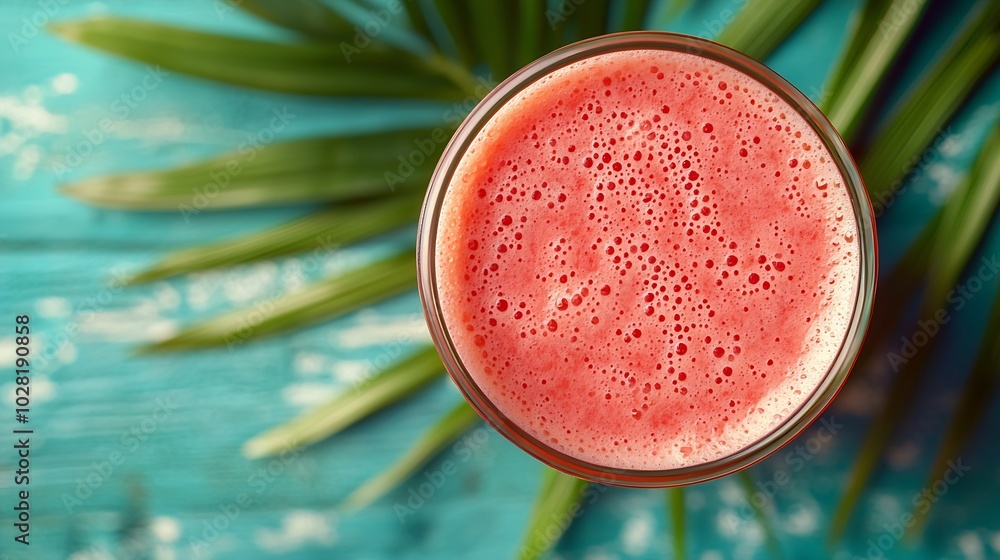 Poster watermelon smoothie fresh juice on colorful wooden background with palm leaves top view : generative