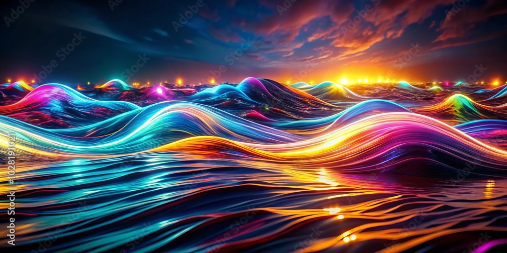 Poster vivid and dynamic waves in night photography create a colorful backdrop, perfect for enhancing creat
