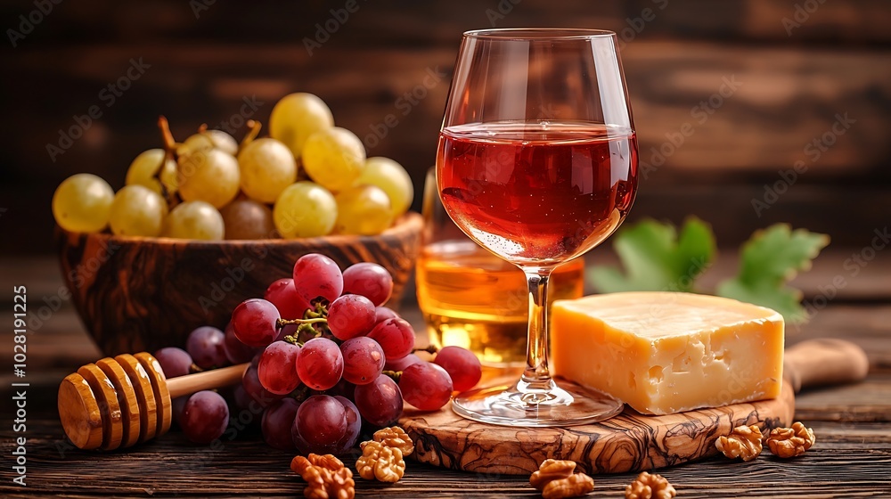 Poster red wine in glass with cheese honey nuts and grape on a cutting board wooden background : generative