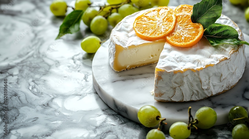 Poster Cheese with washed orange rind and fresh grape Marble table background Top view Copy space : Generative AI