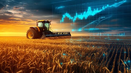 Agriculture Technology   Tractor in Wheat Field with Data Analysis