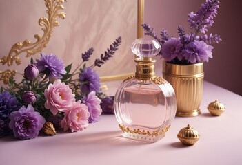 A bottle of perfume on a table with a purple background and a bouquet of lavender next to it