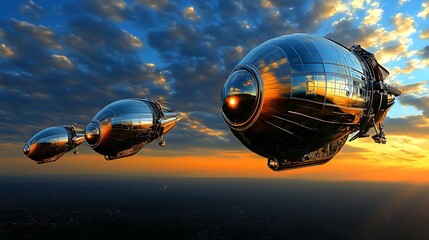 Obraz premium Futuristic Airships Flying at Sunset Over Cityscape