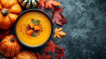 Pumpkin butternut squash cream soup in black bowl Halloween Thanksgiving day decoration Top view : Generative AI